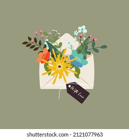 Mit lieblicher Flach-Design-Illustration. Umschlag mit Blumenstrauß.
