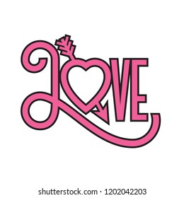 Love flat design typographic illustration with arrow through heart.
Ornate hand-drawn vector illustration of the word love with swashes and a heart forming the letter o.