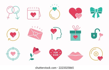 Love flat icons set. Wedding, dating, romantic meeting signs. Saint Valentine day emblem. Vector illustration