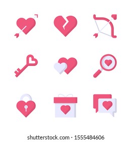 Love Flat Vector Icon Set 1, Cupid, Broken Heart, Bow, Key, Hearts, Magnifying Glass, Padlock, Gift and Chat Bubble