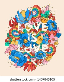 Love Is Love - Floral Doodle Hand Lettering. Vector Illustration For Happy Pride Day And LGBTQ Community Support.