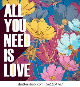 Love floral poster. Vector illustration. Sketch style