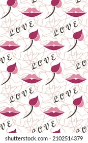 Love floral seamless pattern. Graphic pink lips, flower shapes, word, lettering. Outline tulip contour. White easy editable color background. Vector