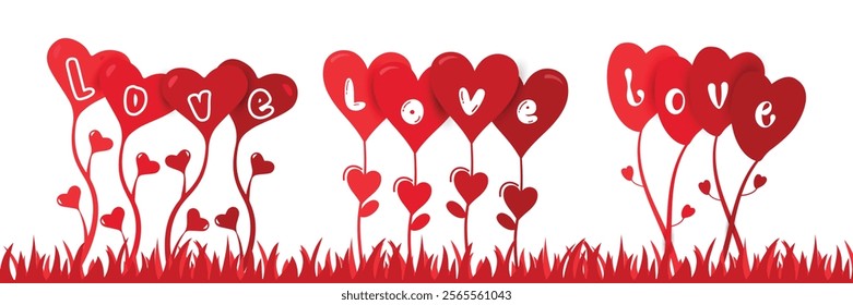 Love Flower Balloon Garden," is a charming and romantic illustration that combines natural elements with a festive theme. Valentines Day Three Heart Flowers on White Background