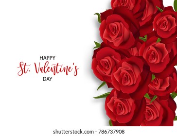 Love flower bouquet Valentines banner frame. Beautiful holiday roses blossom invitation. Vector colored illustration. Spring summer wedding rose background. Realistic red rose St Valentine's day card.