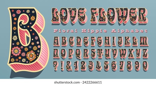 Love Flower; an extremely ornate flower alphabet, filled with floral designs and 3d effects. 1960s or 1970s style psychedelic hippie font.