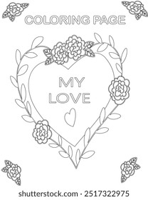 Love flower with frame in shape of heart decoration in ethnic oriental doodle ornament coloring Page For Kids.