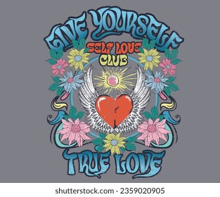 El diseño de camisetas del jardín de flores de amor. Deme. Diseño de impresión del club de amor. Corazón con arte vectorial de ala águila.