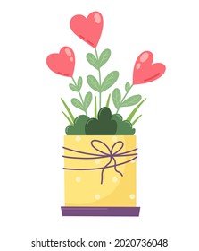 Love flower, red heart, tree growing in a pot, Valentine's day design vector illustration.