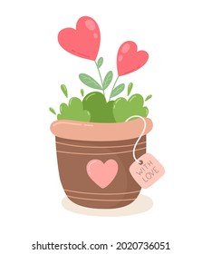 Love flower, red heart, tree growing in a pot, Valentine's day design vector illustration.