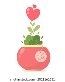 Love flower, red heart, tree growing in a pot, Valentine's day design vector illustration.