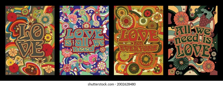 Love and Flowers Hippie Art Style Psychedelic Backgrounds, Patterns for 1960s Style Love Party Posters, Covers, Invitations 