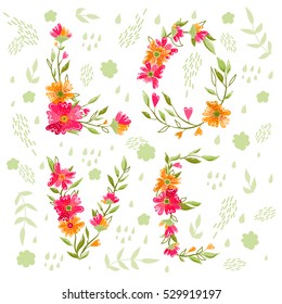 LOVE in flowers. Vector illustration. Valentines day print. Love letters on white background. Floral LOVE letters. Leaves and flowers.