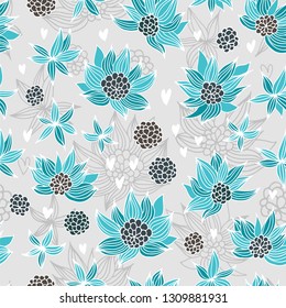Love and flowers vector pattern, seamless floral doodles background
