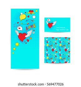 Love flyer banner, business card and card with seamless pattern. Vector template design.  Hearts, wings, arrows, bubbles and text elements. Comic style vector background