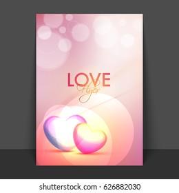 Love Flyer, Template or Brochure design with glossy hearts decoration.