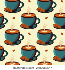 Love foam coffee with beans, cartoon, pattren, illustrations.