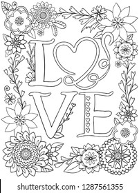 Love font with Flower elements. Hand drawn with inspiration word. Doodles art for Valentine's day. Coloring for adult and kids. Vector Illustration