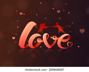 Love Font With Silhouette Young Couple, Hearts And Light Effect On Brown Bokeh Background.