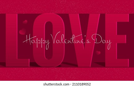 Love Font With Stripe Pattern On Red Background For Happy Valentine's Day Concept.