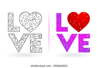 LOVE fonts typography, LOVE text ornament swirl, monochrome design and colors purple with isolated white background, for poster, flyer, social media banner, greeting cards 