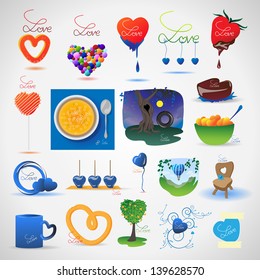 Love And Food Icons Set - Isolated On Gray Background - Vector Illustration, Graphic Design Editable For Your Design. Logo Symbols 