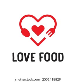 Love food logo design vector template. Heart shape with fork and spoon icon.