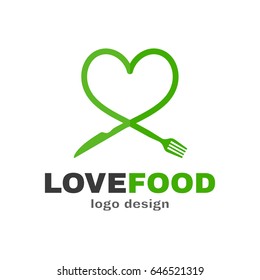 Love Food Modern Style Logo Design. A Spoon Knife And A Fork In The Shape Of A Heart. Vector Flat Illustration Icon. Isolated On White Background. Knife And Fork Food Love Plate Concept