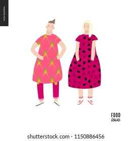 Love food people portraits - a flat vector concept illustration of a young man and woman wearing food pattern clothes - dragon fruit pulp and peel, standing posing in masked ball or play costumes