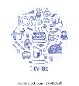 I love food sketch icons isolation vector set. Background Kitchen.