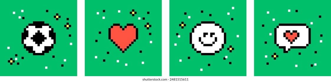 Love football concept. Soccer. Pixels Y2k trendy playful stickers. Pixelated abstract icons. Pixel art 8 bit design. Black and white colors. Mood of 90's aesthetics. Simple form. Green background