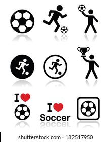 I love football or soccer, man kicking ball vector icons set