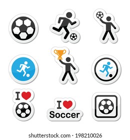 I love football or soccer, man kicking ball vector icons set