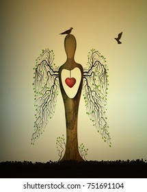 love the forest consept, forest soul, tree looks like angel with birds and red heart inside, love the tree concept,  tree sculpture with birds, tree`s dream, vector

