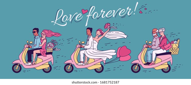Love forever banner with various age couples riding scooter, cartoon vector illustration in sketch style. Young and elderly romantic lovers traveling on motorcycle.