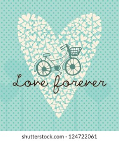 Love forever card with small hearts and bike, vector illustration.