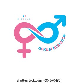 Love Forever conceptual logo, vector symbol created with infinity loop and male Mars an female Venus signs. Relationship creative idea.