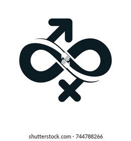 Love Forever conceptual logo, vector symbol created with infinity loop and male Mars an female Venus signs. Relationship creative idea.