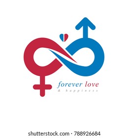 Logotipo conceptual de Love Forever, símbolo vectorial creado con bucle infinito y Marte macho y señas Venus hembra. Relación idea creativa.