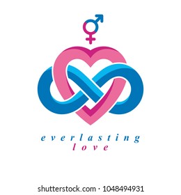 Love Forever conceptual sign, vector symbol created with infinity loop sign and heart.