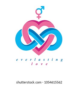 Love Forever conceptual sign, vector symbol created with infinity loop sign and heart.