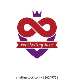 Love Forever conceptual sign, vector symbol created with infinity loop sign and heart.