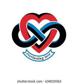 Love Forever conceptual sign, vector symbol created with infinity loop sign and heart.