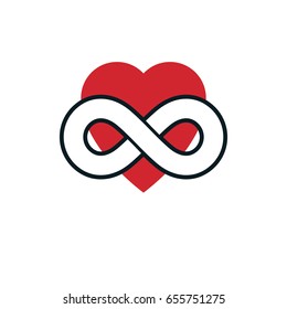 Love Forever conceptual sign, vector symbol created with infinity loop sign and heart.