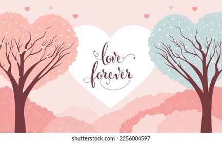 Amar Por Siempre La Fuente Con Árboles De Forma Cardíaca Sobre El Fondo Rosa Pastel. Feliz Concepto de San Valentín.