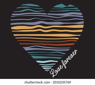 Love forever line retro artwork for kids, girls, ladies. Heart front print vector design.