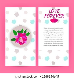 Love forever pink banner. Vector illustration of rose and inscription on confetti background.