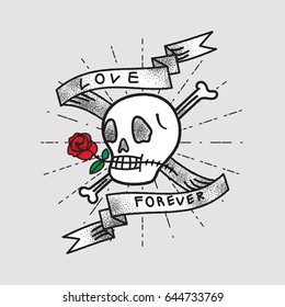 Love Forever, Shading Skull and Rose with Ribbon ,Old School Tattoo Style