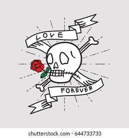 Love Forever, Skull and Rose with Ribbon, Old School Tattoo Style