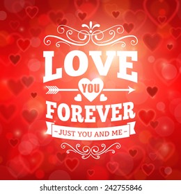 Love forever vector greeting card with hearts and lights on bokeh background 